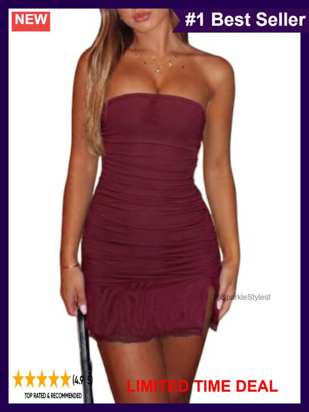 Women Strapless Tube Mini Dress Ruched Bodycon Mesh Party